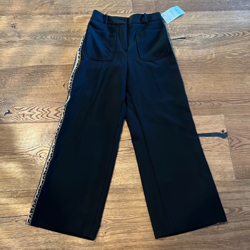 Zara NWT Extra small black, wide leg trouser with track stripes on the s…‎